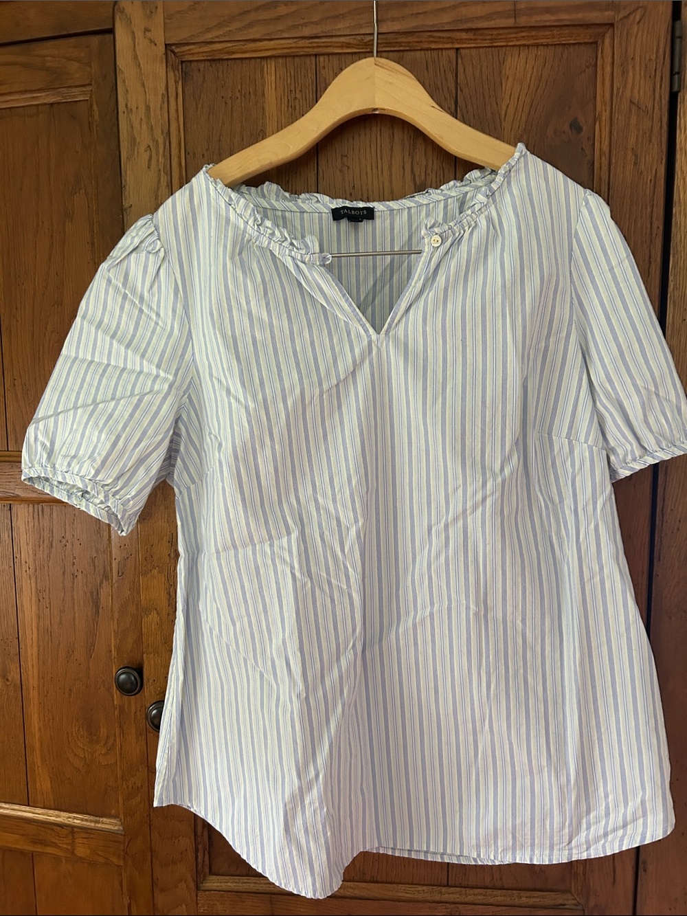 Talbots White and Light Blue Striped Ruffle Neck Blouse